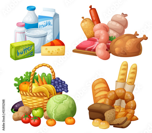 Natural supermarket food sets: Dairy products, Meat sausages chicken, Grocery fruits and vegetables, Bakery. Cartoon vector illustration.
