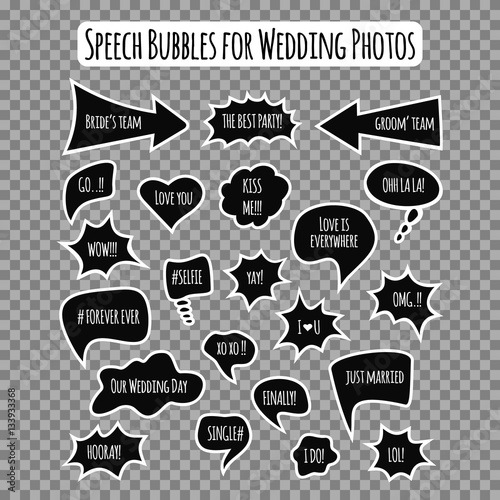 Speech Bubbles for Wedding photos. Props for photos on weddings featuring cute and funny phrases. Stickers for wedding album on transparent background