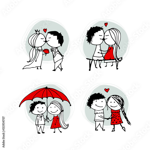 Couple in love kissing, valentine sketch for your design