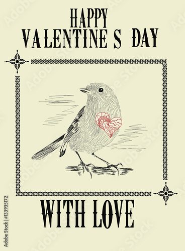 Valentine's Day Greeting Card - Illustration of little cute bird