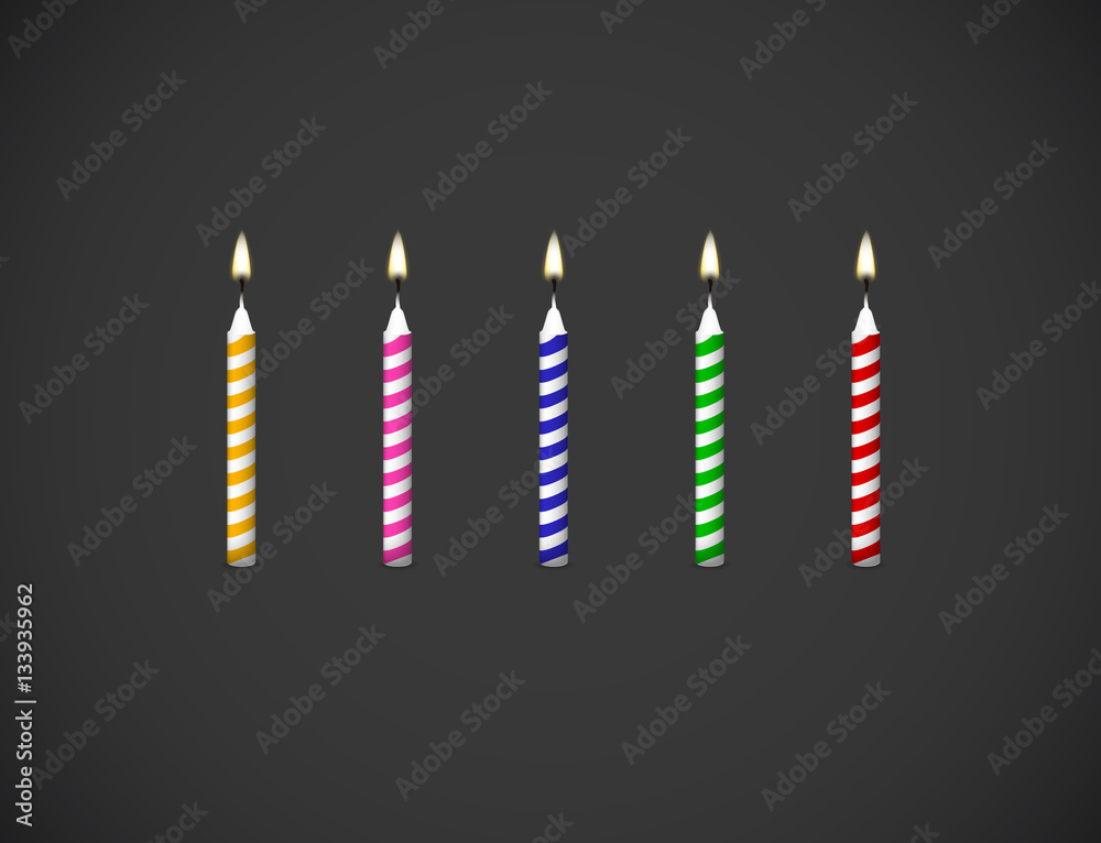 Birthday cake Candles flame realistic set isolated on dark backg