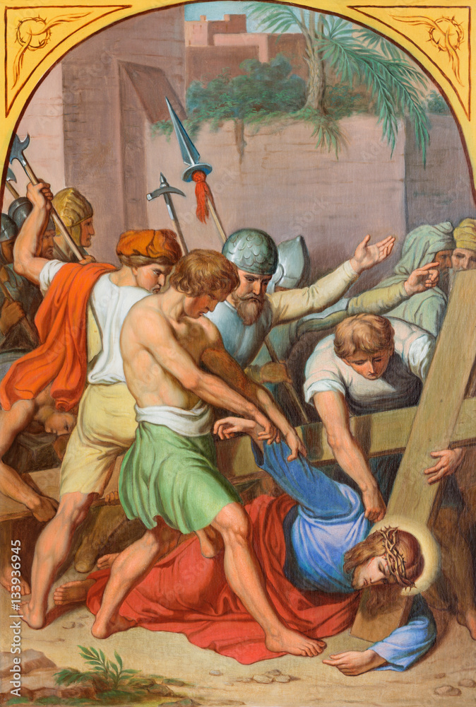 VIENNA, AUSTRIA - DECEMBER 19, 2016: The Jesus fall under corss in church kirche St. Laurenz (Schottenfelder Kirche) by unknown artist of 19. cent.
