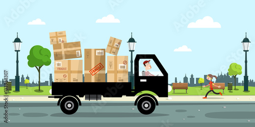 Delivery Service Car with Paper Boxes and Driver on Street with City park on Background. Vector Illustration.