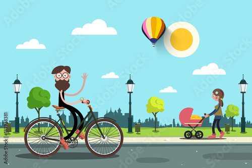 Man on Bicycle and Young Woman with Baby Carriage in City park. Vector Flat Design Cartoon. Sunny Day in Town.