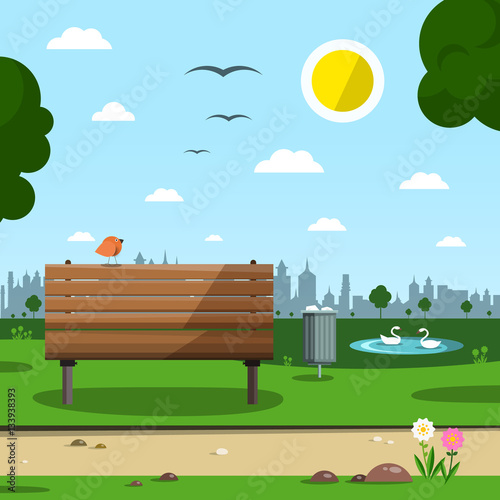 Sunny Day in Park with Town Silhouette. Empty Vector Background with Bird on Bench.