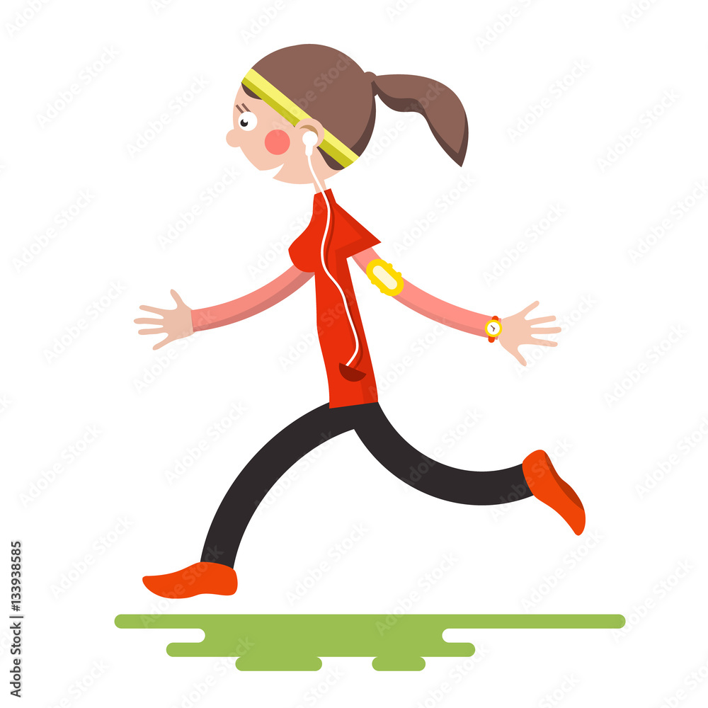 Running Woman Isolated on White Background. Flat Design Sport Cartoon. Young Female Run. Running Woman Isolated on White Background. Flat Design Sport Cartoon. Young Female Run.