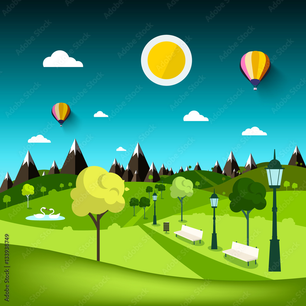 Nature Landscape. Vector Park Cartoon with Mountains on Background. Stock  Vector | Adobe Stock