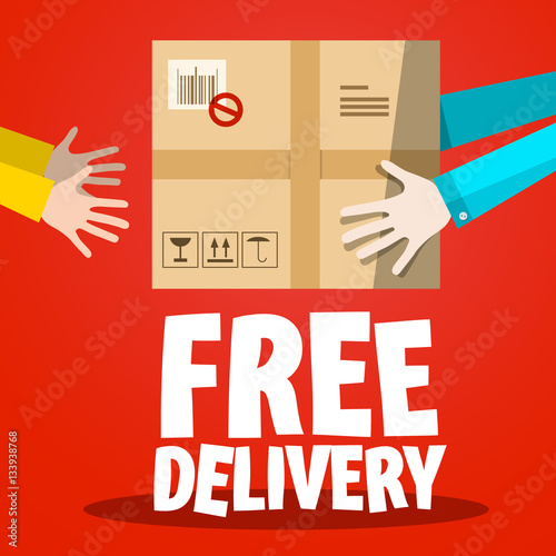 Free Delivery. Paper Box with Hands on Red Background.