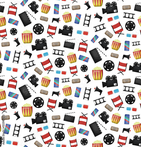 Vector cartoon cinema seamless pattern on the white background for gift wrapping paper, branding and covering. Concept of video making, director profession and movie production.