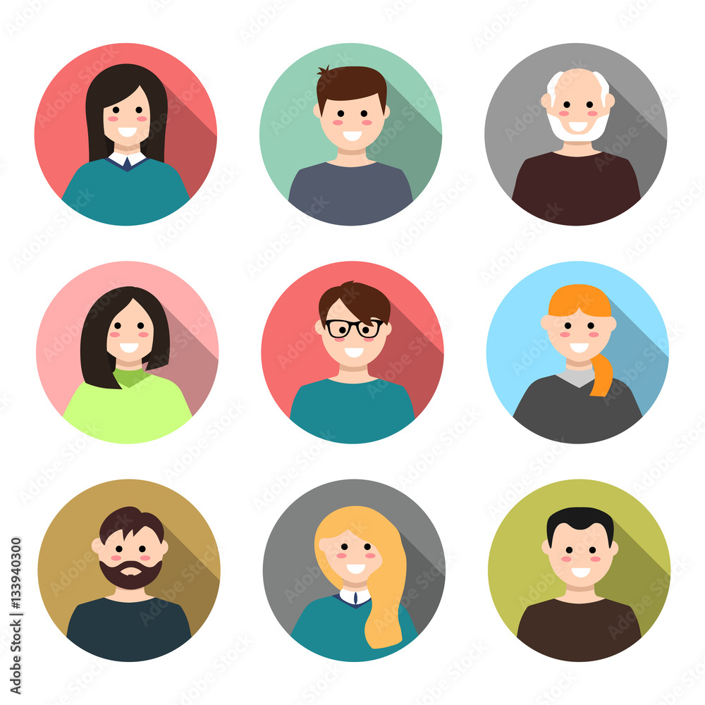 Set of avatars with long shadow. Vector illustration, flat icons. Characters for web