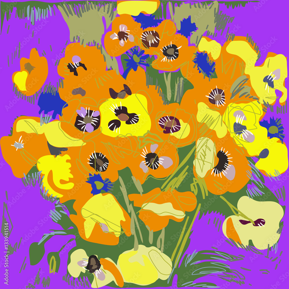 Yellow California Poppy on a purple background.Hand drawn.