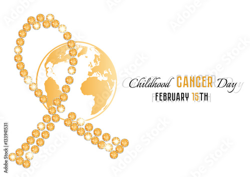 Golden cancer ribbon from topaz precious stones with Earth globe in tints of yellow isolated on white. Childhood Cancer Day in February 15. Vector illustration