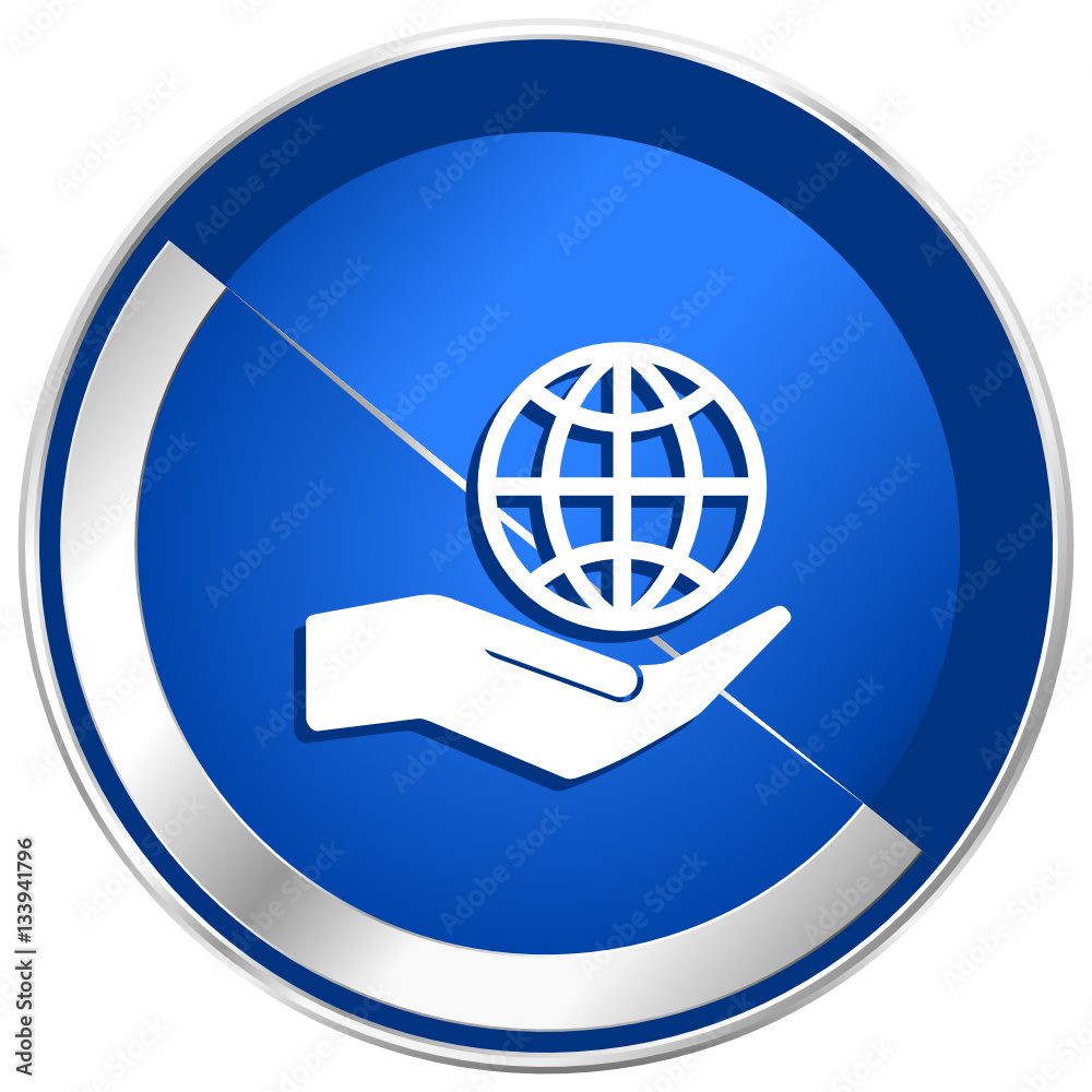 Hand protect the earth silver metallic web and mobile phone vector icon. Hand protect the earth silver metallic web and mobile phone vector icon.