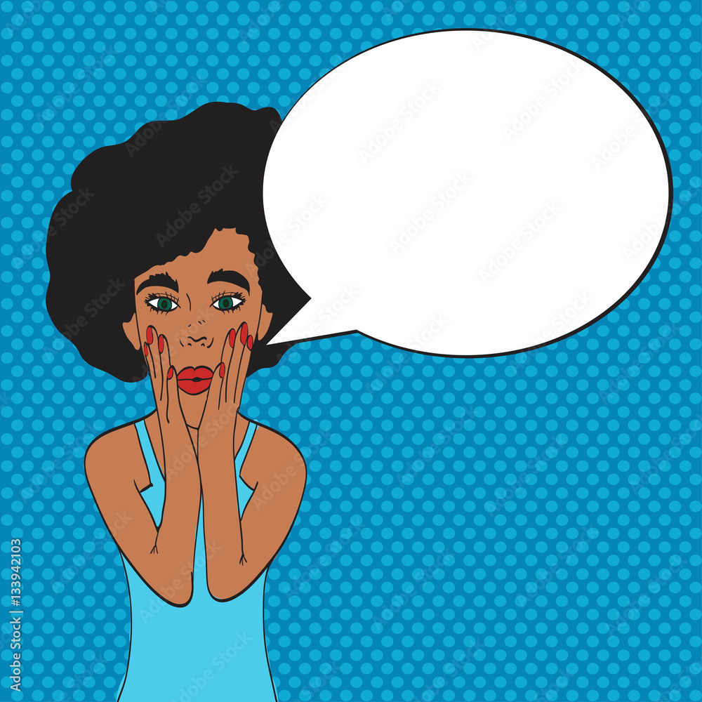 Pop art young woman's face with an open mouth and big bulging eyes