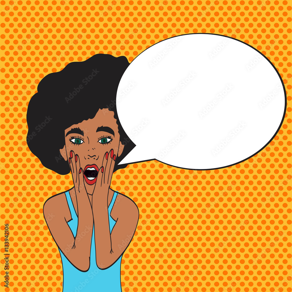 Pop art young woman's face with an open mouth and big bulging eyes