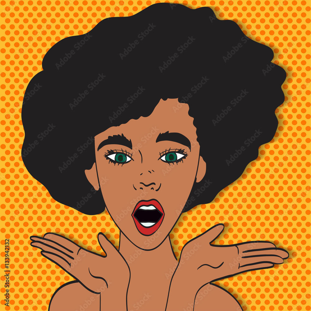 Vettoriale Stock Pop art young woman's face with an open mouth and big