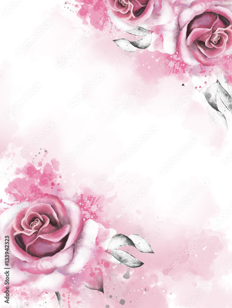 Card with flowers, Watercolor wedding invitation design with pink rose and  leaves. Hand painted floral background for your text. Template. Frame.  Splash paint Stock Illustration | Adobe Stock