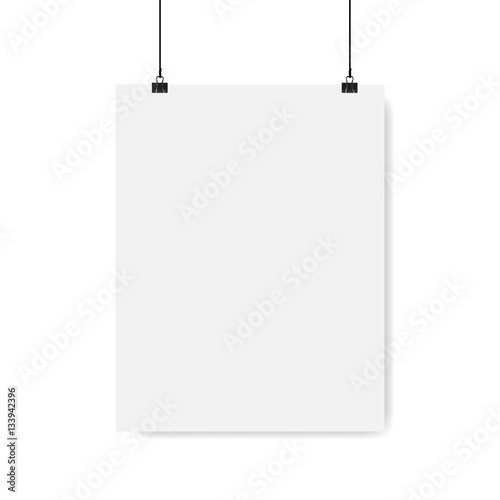 Poster on binder clips on grunge grey wall. Realistic vector illustration. Modern trendy interior. Empty mock up for your illustrations, drawings, logos, posters or quotes.