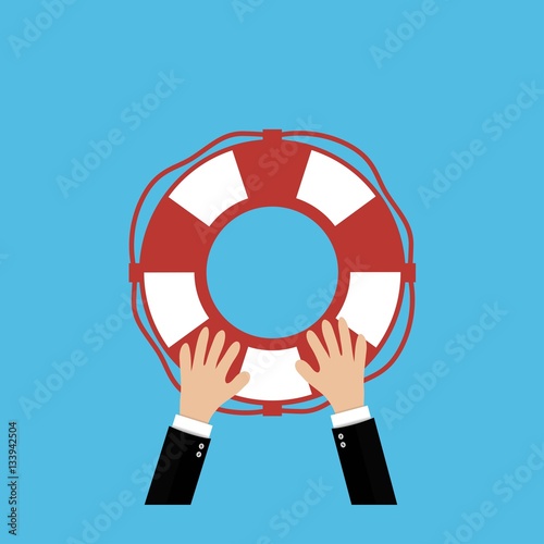 Helping Business to survive. Drowning businessman lifebuoy from another