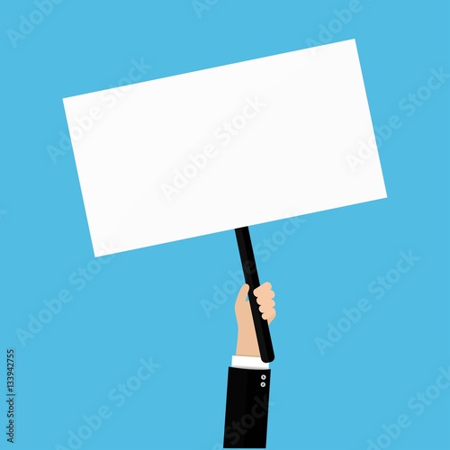 Hand holding placard with empty space for text, business man hand swinging board with handle vector illustration design isolated on blue background