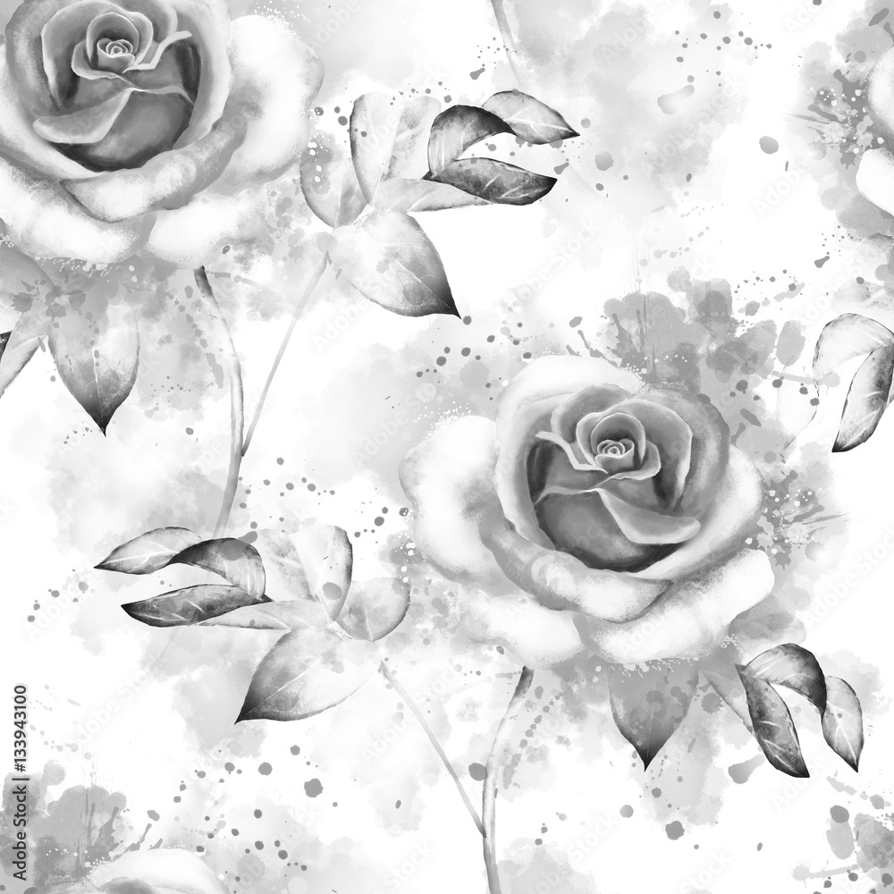 Seamless pattern with black and white flowers and leaves on white background,  watercolor floral pattern, rose in pastel color for wallpaper, card or  fabric. textile design. Splash paint Stock Illustration | Adobe