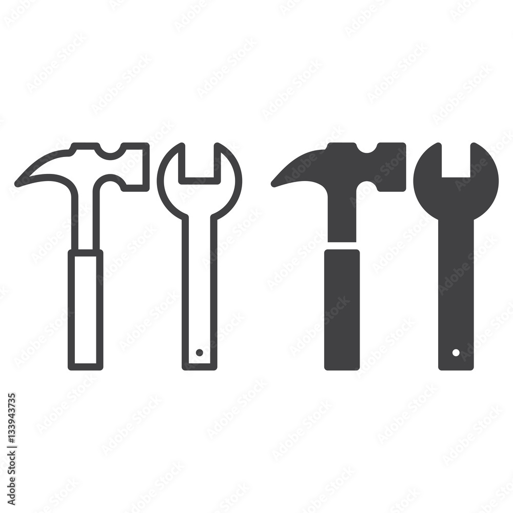 Hammer and wrench line icon, outline and filled vector sign, linear and full pictogram isolated on white. Tools symbol, logo illustration Hammer and wrench line icon, outline and filled vector sign, linear and full pictogram isolated on white. Tools symbol, logo illustration