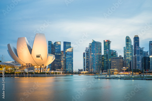 Photography Singapore skyline cityscape at twilight at Marina Bay