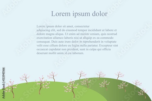 Spring background with green hills, pink blooming tree on light blue, stock vector illustration