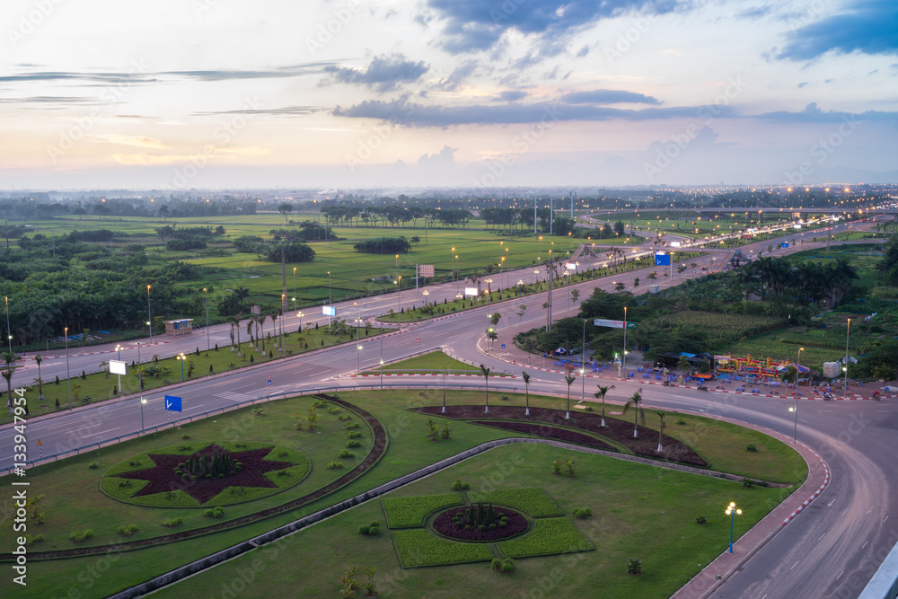 Aerial view of Vo Chi Cong street at twilight, Dong Anh district, Hanoi