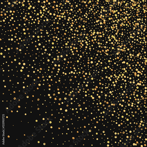 Gold confetti. Random gradient scatter on black background. Vector illustration.