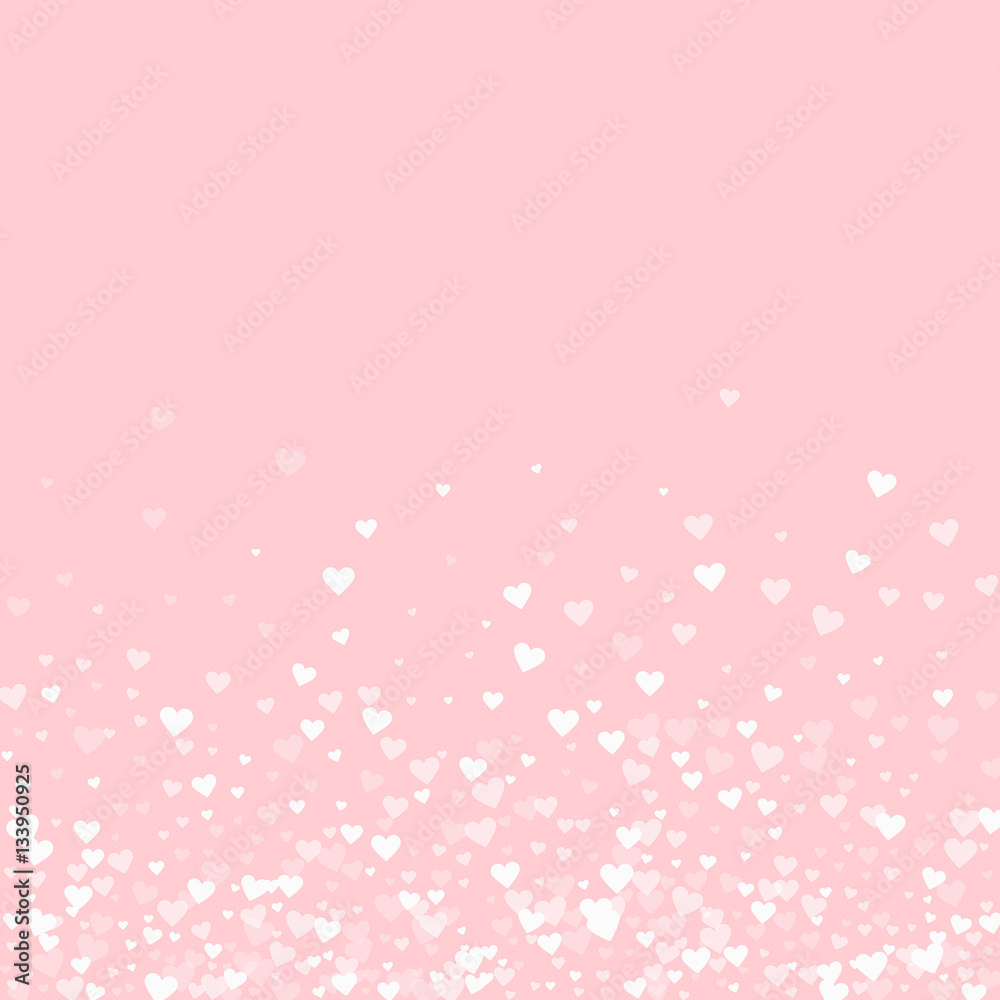 White hearts confetti. Scatter bottom gradient on pale_pink valentine background. Vector illustration.