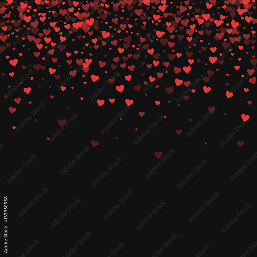 Red hearts confetti. Scatter top gradient on black valentine background. Vector illustration. Red hearts confetti. Scatter top gradient on black valentine background. Vector illustration.