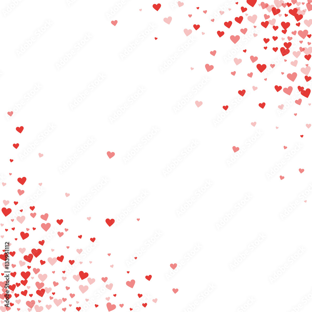 Red hearts confetti. Scatter cornered border on white valentine background. Vector illustration.