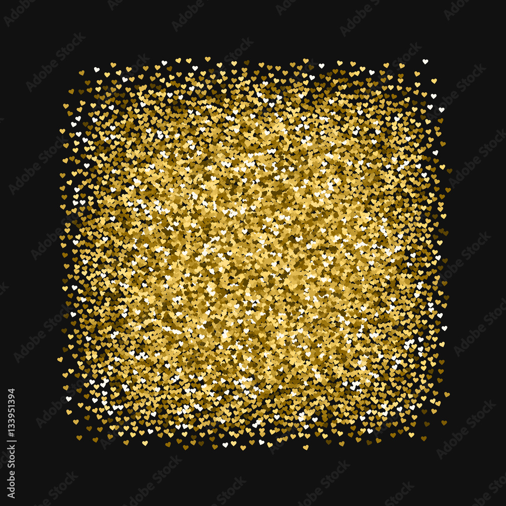 Golden glitter made of hearts. Square frame on black valentine background. Vector illustration.