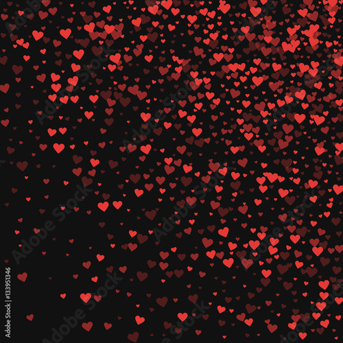 Red hearts confetti. Random gradient scatter on black valentine background. Vector illustration.