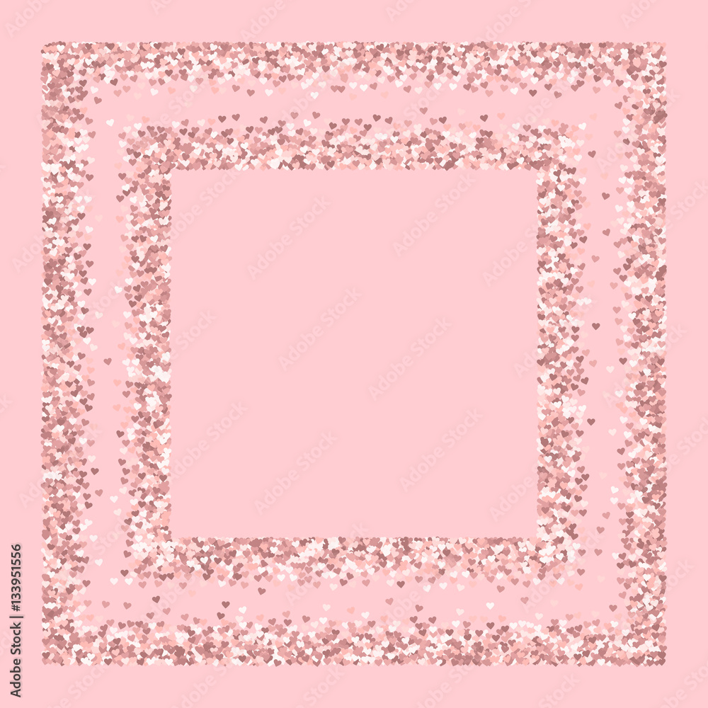 Pink golden glitter made of hearts. Square chaotic frame on pale_pink valentine background. Vector illustration. Pink golden glitter made of hearts. Square chaotic frame on pale_pink valentine background. Vector illustration.