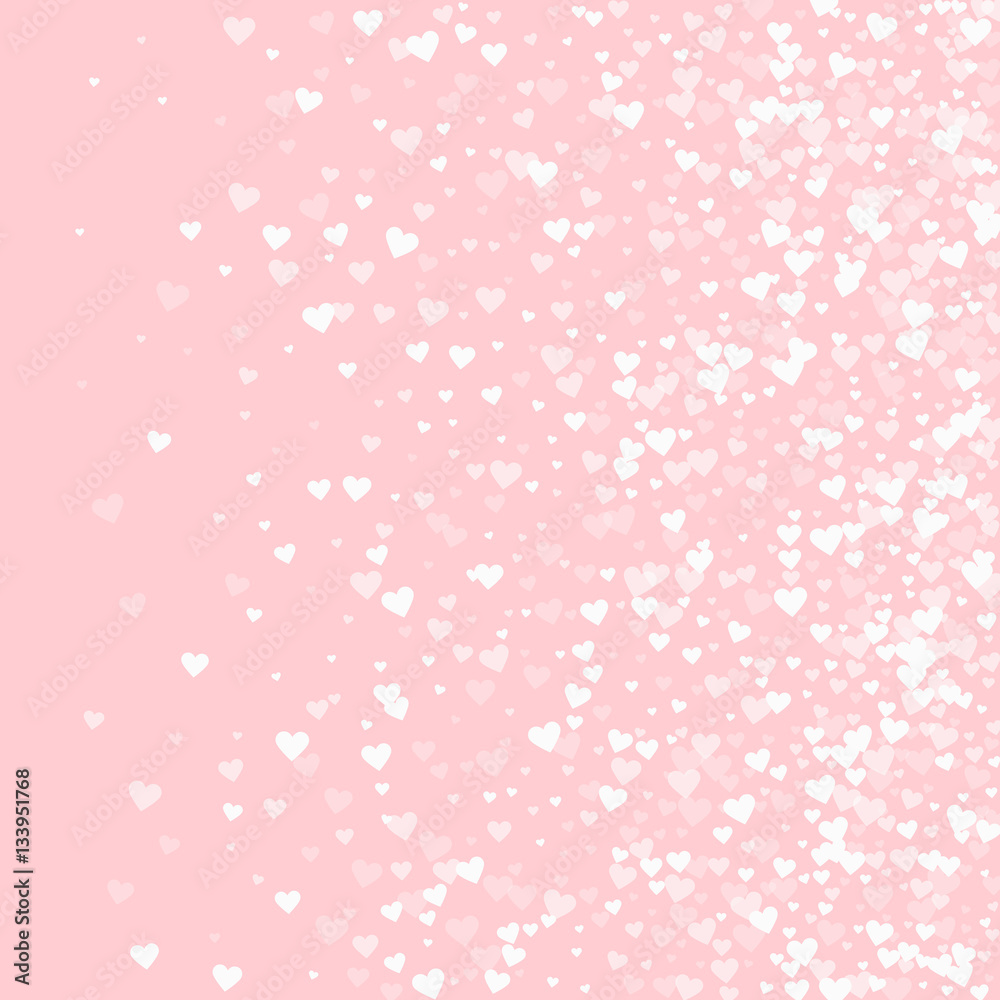 White hearts confetti. Right gradient on pale_pink valentine background. Vector illustration.