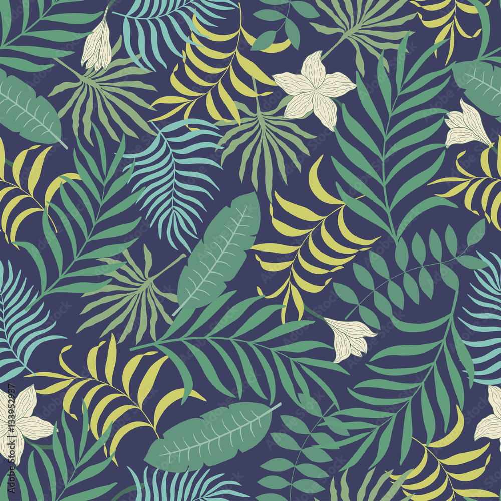 Tropical background with palm leaves. Seamless floral pattern Tropical background with palm leaves. Seamless floral pattern