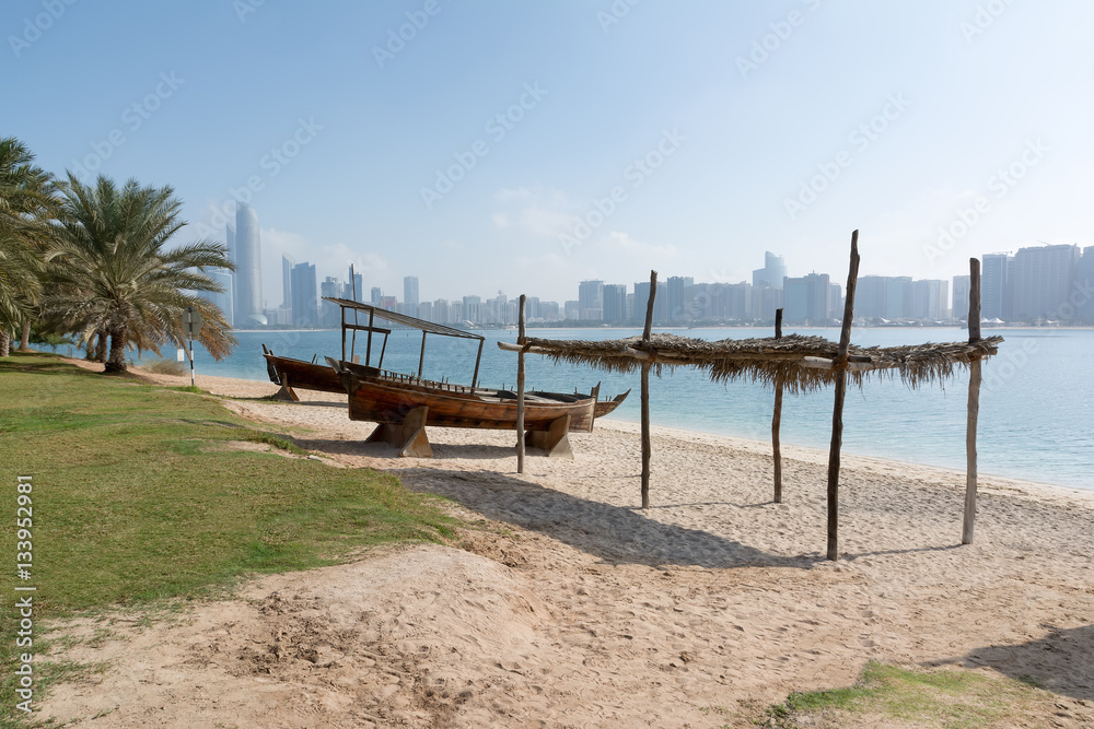 View to Abu Dhabi skyline from the beach, United Arab Emirates
