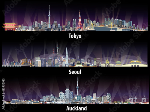 Tokyo, Seoul, Sydney and Auckland skylines at night illustrations
