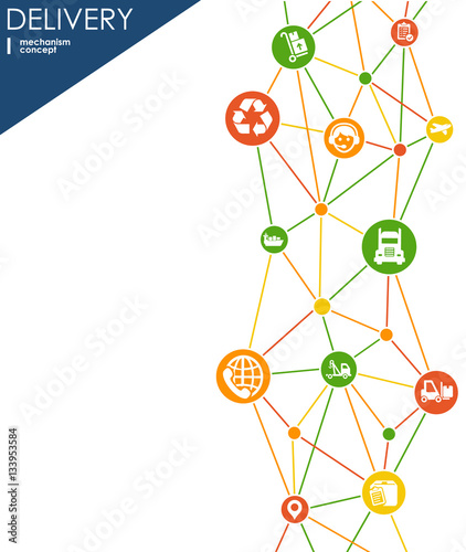 Delivery mechanism concept. Abstract background with connected gears and icons for logistic, service, strategy, shipping, distribution, transport, market, communicate concepts. Vector interactive.