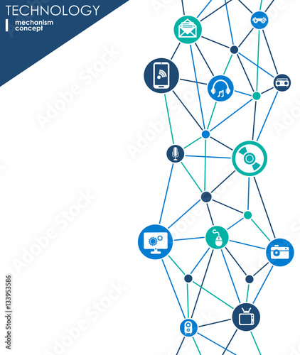 Technology mechanism concept. Abstract background with integrated gears and icons for digital, strategy, internet, network, connect, communicate, social media and global concepts. Vector infographic.