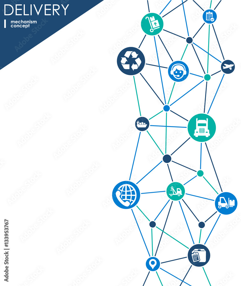 Delivery mechanism concept. Abstract background with connected gears and icons for logistic, service, strategy, shipping, distribution, transport, market, communicate concepts. Vector interactive. Delivery mechanism concept. Abstract background with connected gears and icons for logistic, service, strategy, shipping, distribution, transport, market, communicate concepts. Vector interactive.