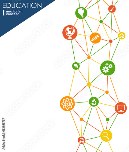 Education network. Hexagon abstract background with lines, polygons, and integrate flat icons. Connected symbols for elearning, knowledge, learn and global concepts. Vector interactive illustration