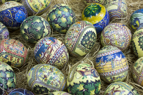 Traditional Arabic folk paintings on ostrich eggs on the eastern market