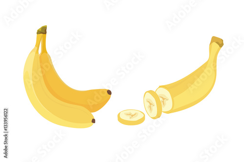 Fresh banana fruits, collection of vector illustrations. Peeled and sliced bananas