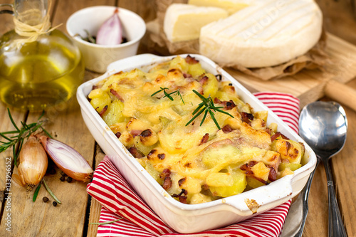 French dish Tartiflette with potatoes, reblochon cheese and baco