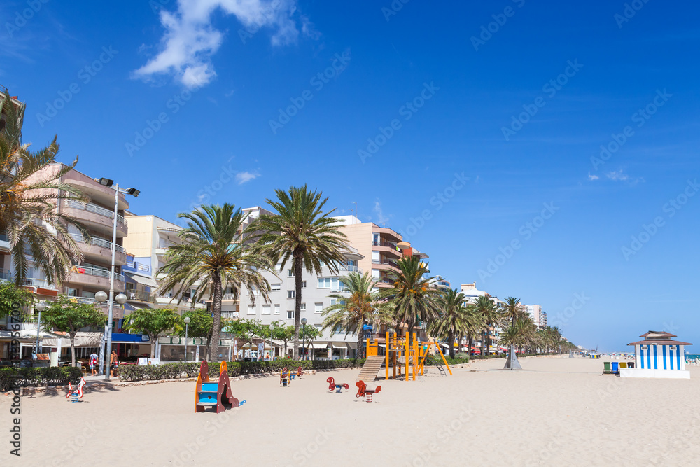 Wide public sandy beach of Calafell, Spain
