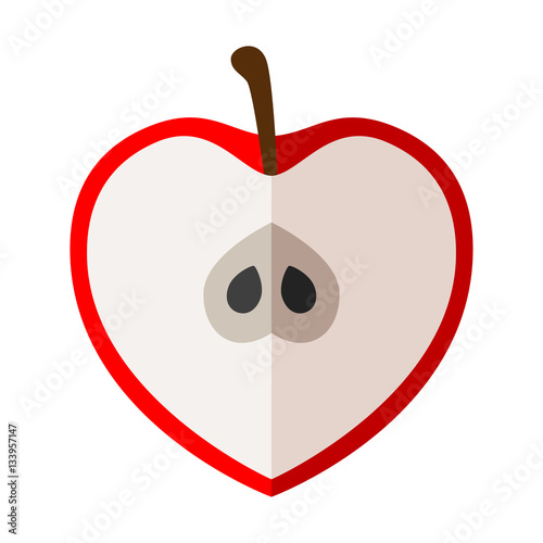 Icono plano media manzana forma corazon color en fondo blanco