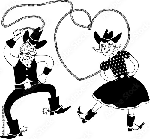 Funny cartoon cowboy and cowgirl dancing with a lasso in a shape of a heart, EPS 8 black vector line art, no white objects